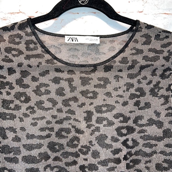 Zara Mesh leopard print sheer pullover Large cinched waist crew neck sweater - Picture 2 of 7